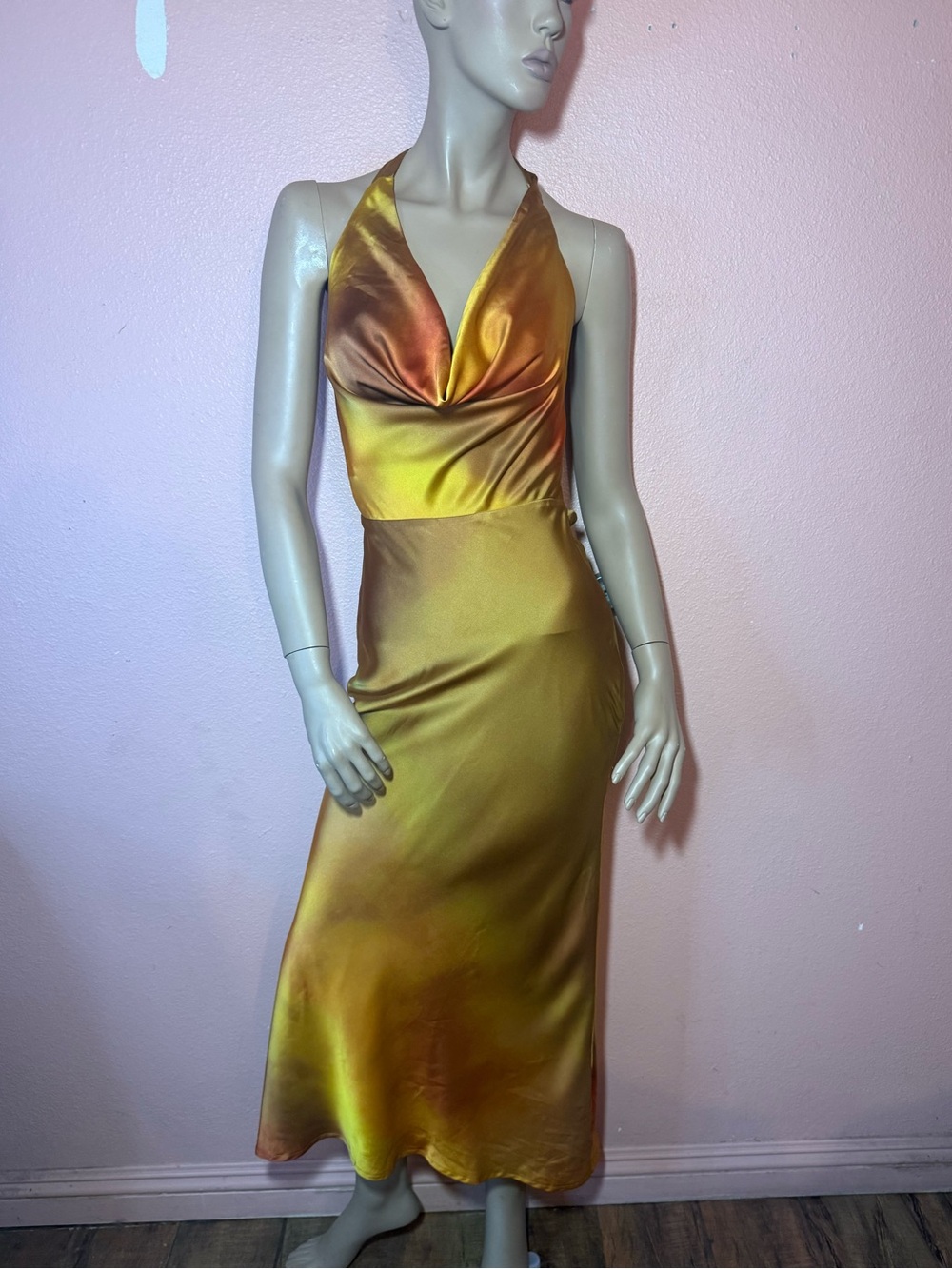 Windsor Satin Halter Midi Dress Gold Rust Ombre Open Back Slip Dress Small NWT ✨ - Picture 1 of 13